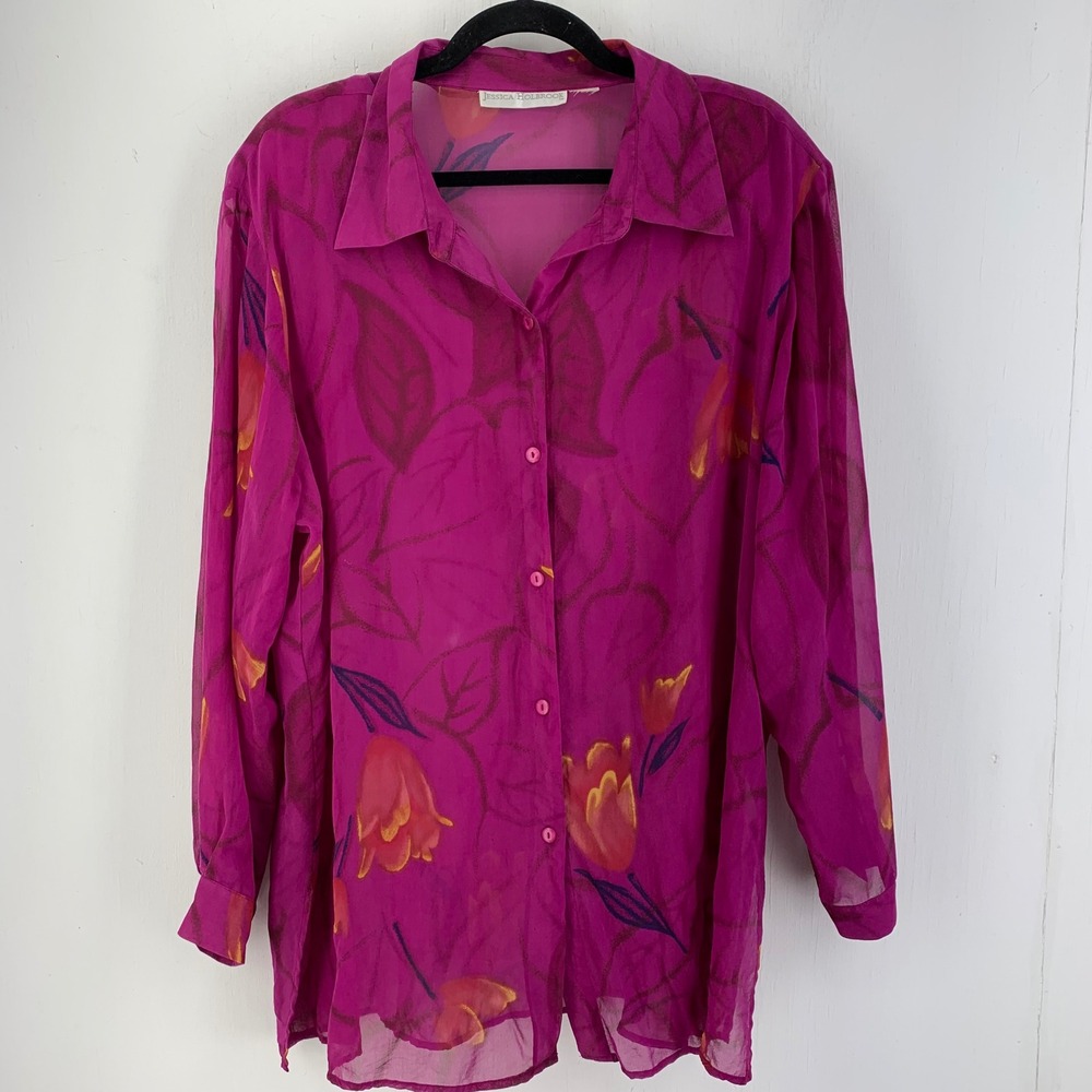 Jessica Holbrook Floral Sheer Button Down Blouse Boho Romantic Lightweight 2X